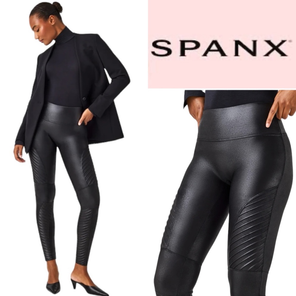 SPANX BLACK FAUX LEATHER MOTO STYLE LEGGINGS